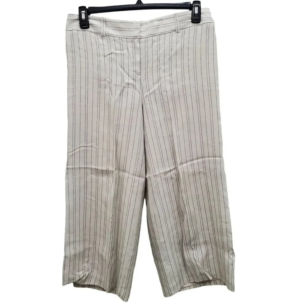 LOFT Women's Marisa White Black Pinstripe Linen Blend Cropped Coulotte‎ Pants 8